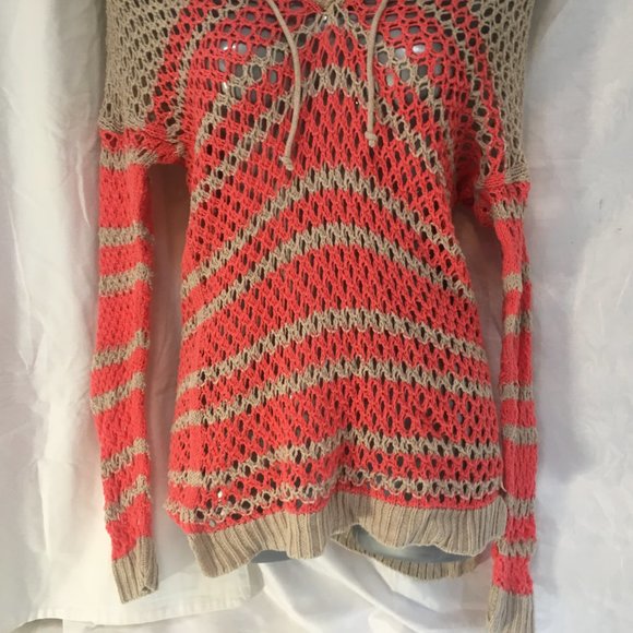 American Eagle Coral Beige Crochet Open Knit Hooded Long Sweater Y2K XS Fairy - Picture 4 of 10